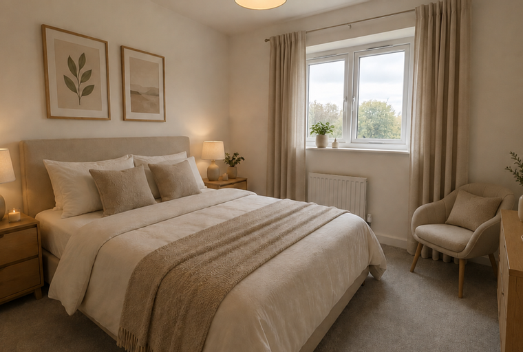 A bedroom with a bed, bedside tables, a chair, and a dresser.