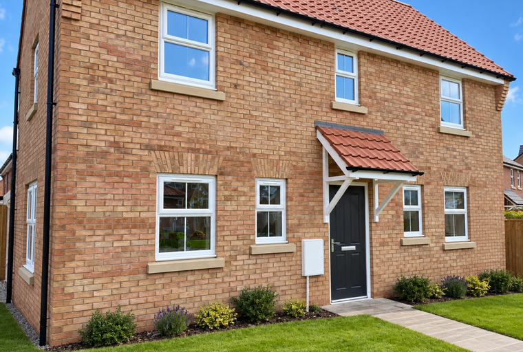A brick house with white windows and a red tile roof.