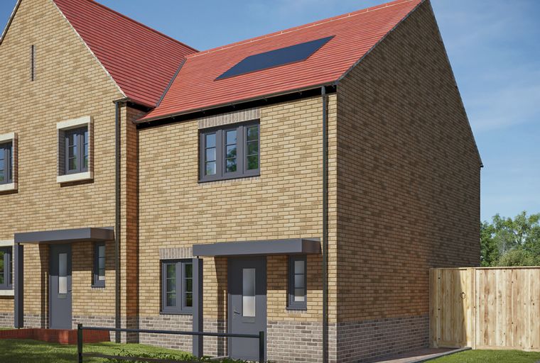 A computer-generated image of a new build semi-detached house with red tiled roofs and light brown brickwork.