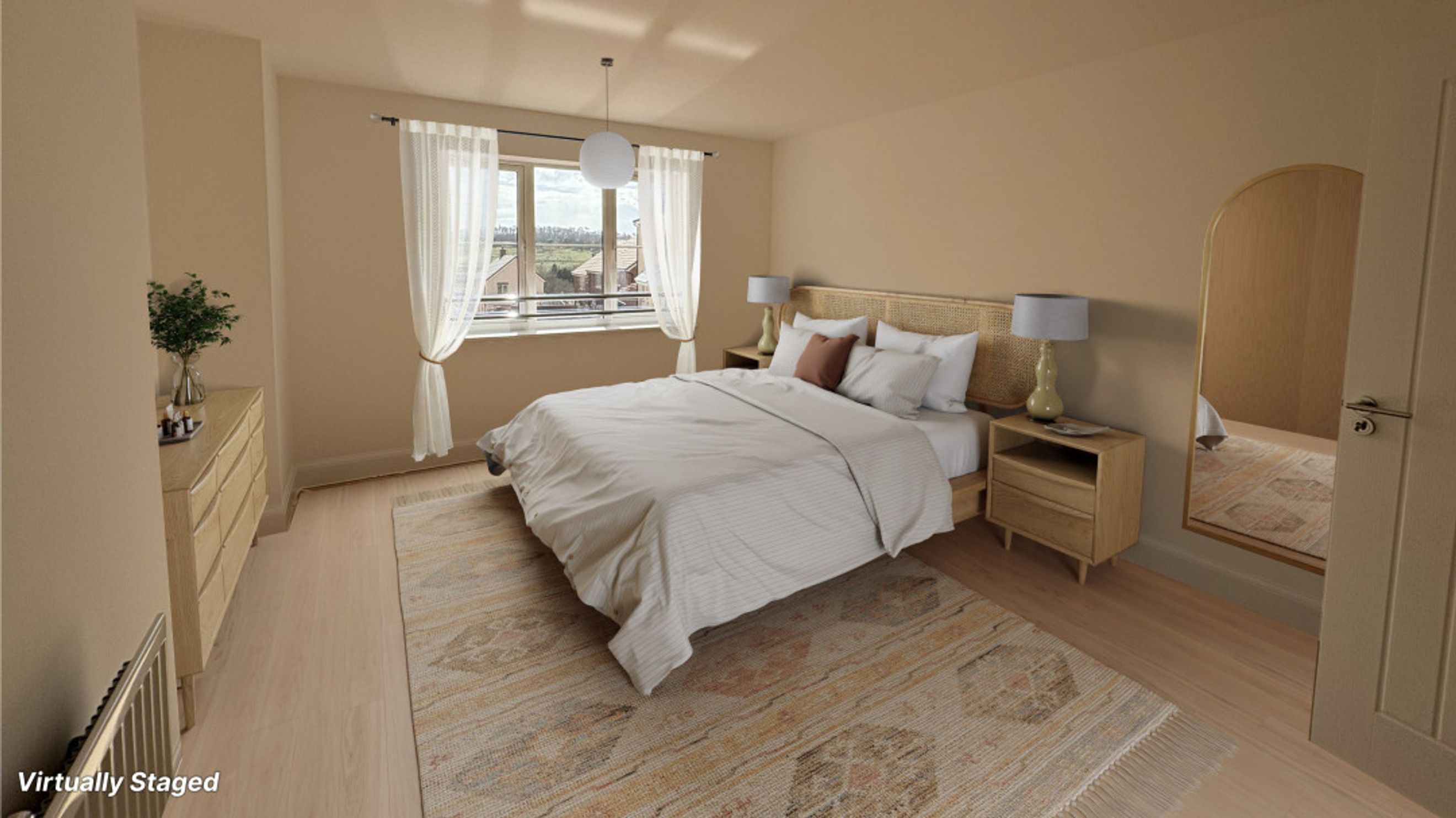 A bedroom with a bed, nightstands, a dresser, and a mirror.