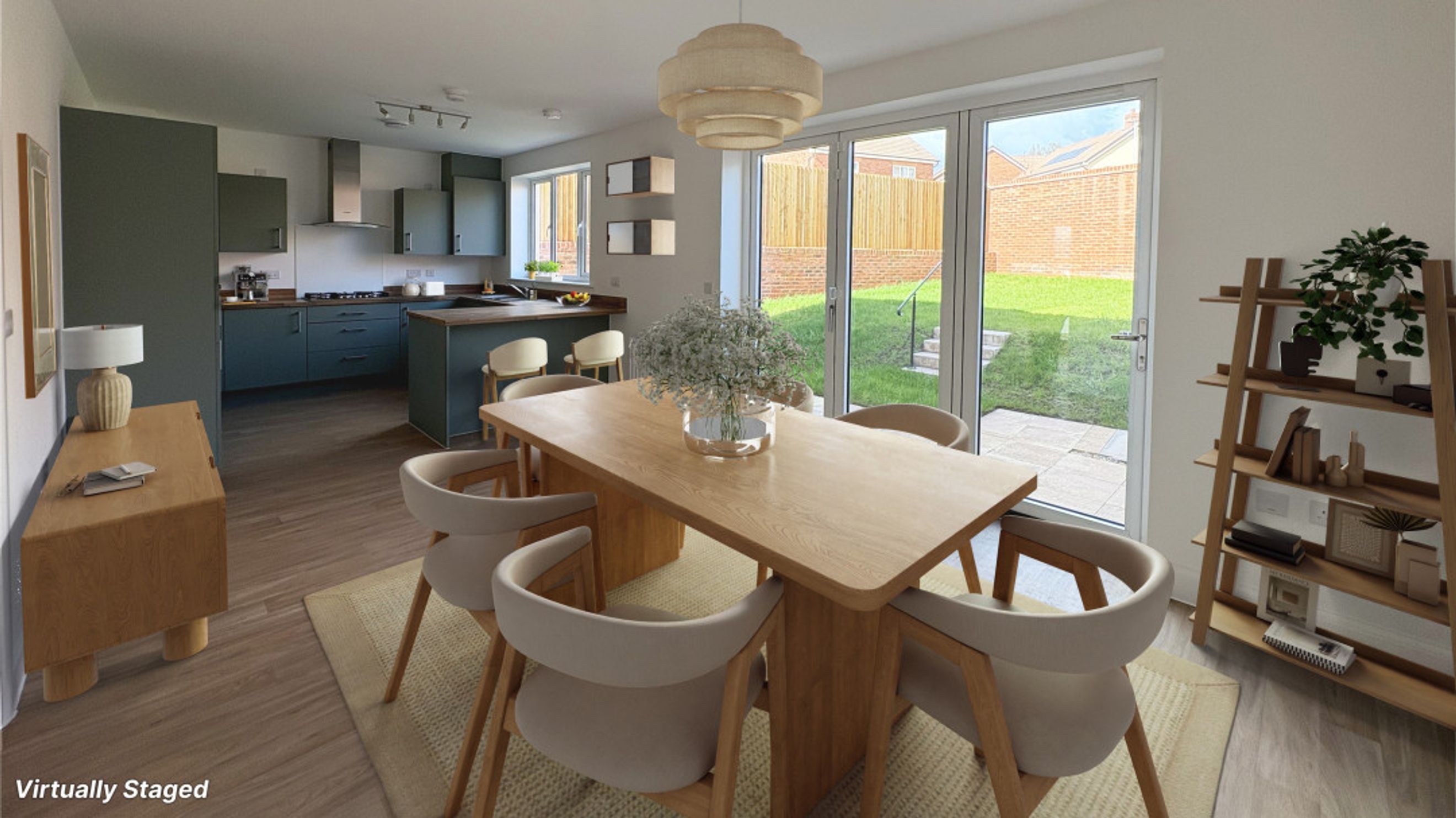 A dining area and kitchen with a wooden table, chairs, and modern cabinetry.