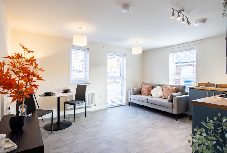 A living room and kitchen area with a sofa, dining table, and kitchen counter.