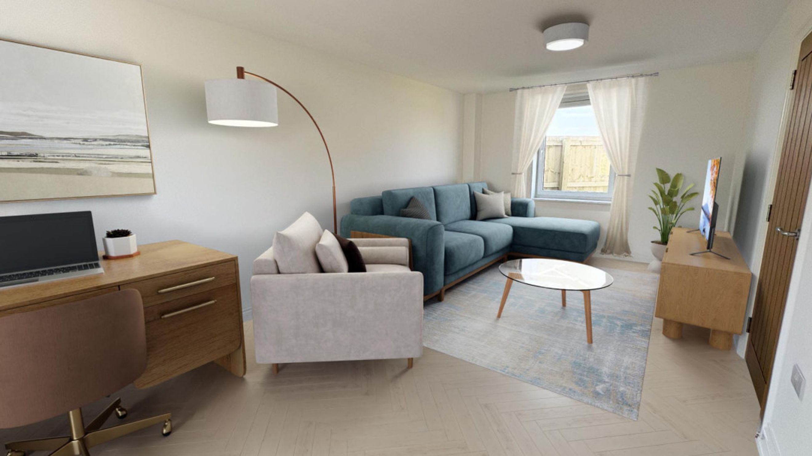 A living room with a teal sectional sofa, an accent chair, a desk, and a coffee table.
