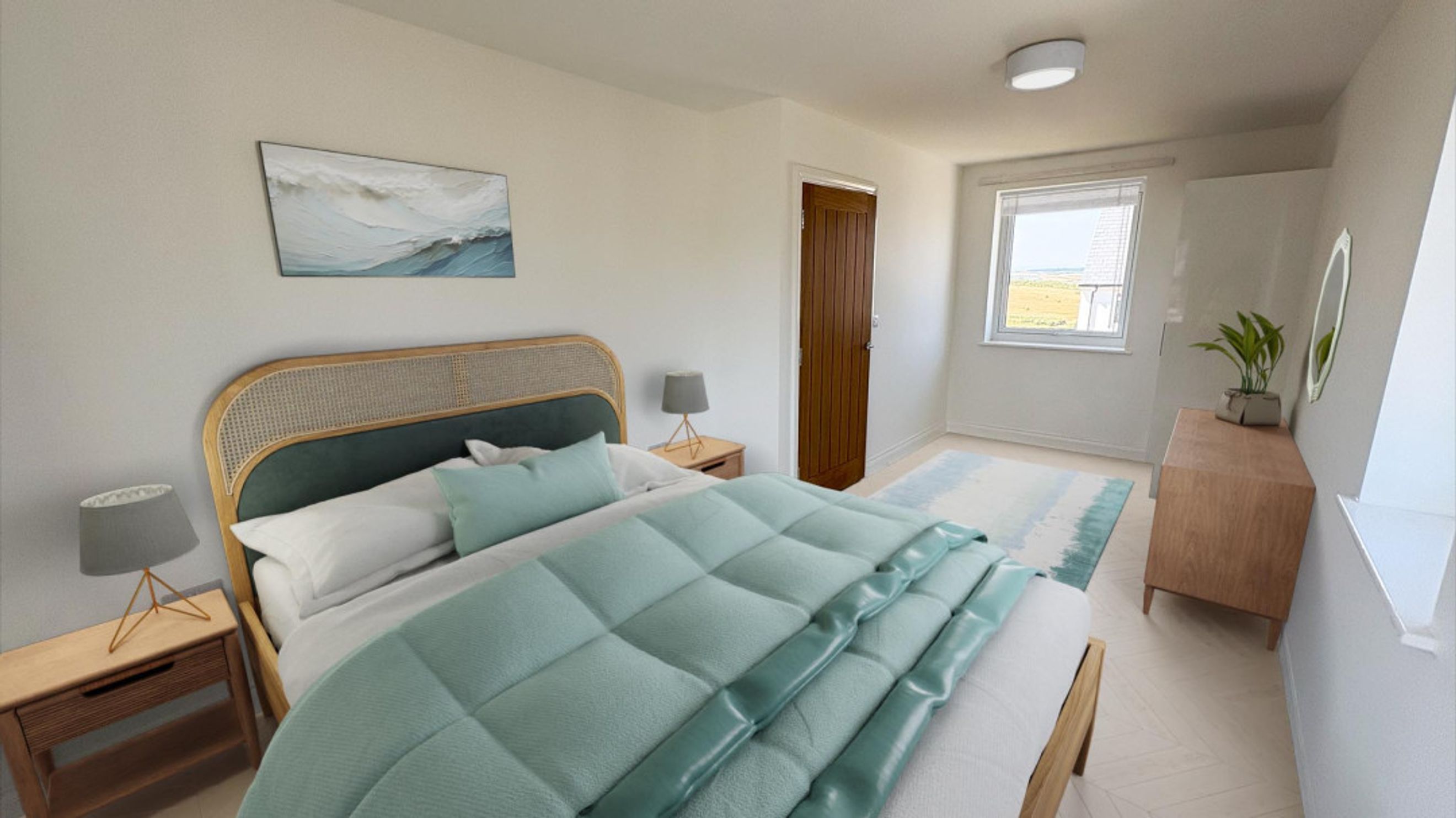 A bedroom with a bed, nightstands, a dresser, and a window.