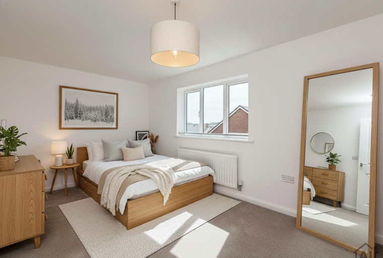 A bedroom with a bed, dresser, and a large mirror.