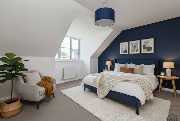A bedroom with a bed, armchair, and a plant.