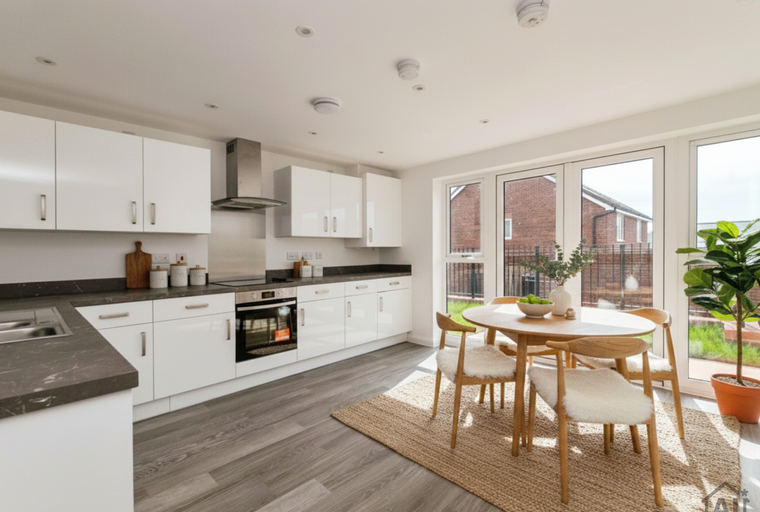 A modern kitchen and dining area with white cabinets, a built-in oven, and a wooden dining table with chairs.