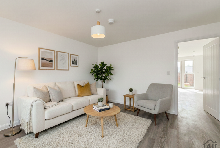 A living room with a sofa, coffee table, and armchair.