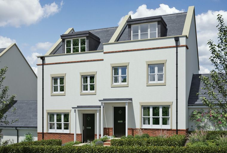 A modern semi-detached house with white walls, dark doors, and manicured landscaping.