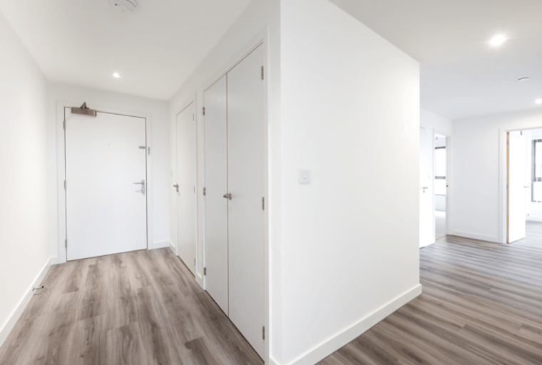 A hallway with white doors and wood-look flooring.
