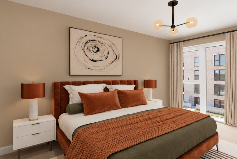 A bedroom with a bed, bedside tables, lamps, and a window.