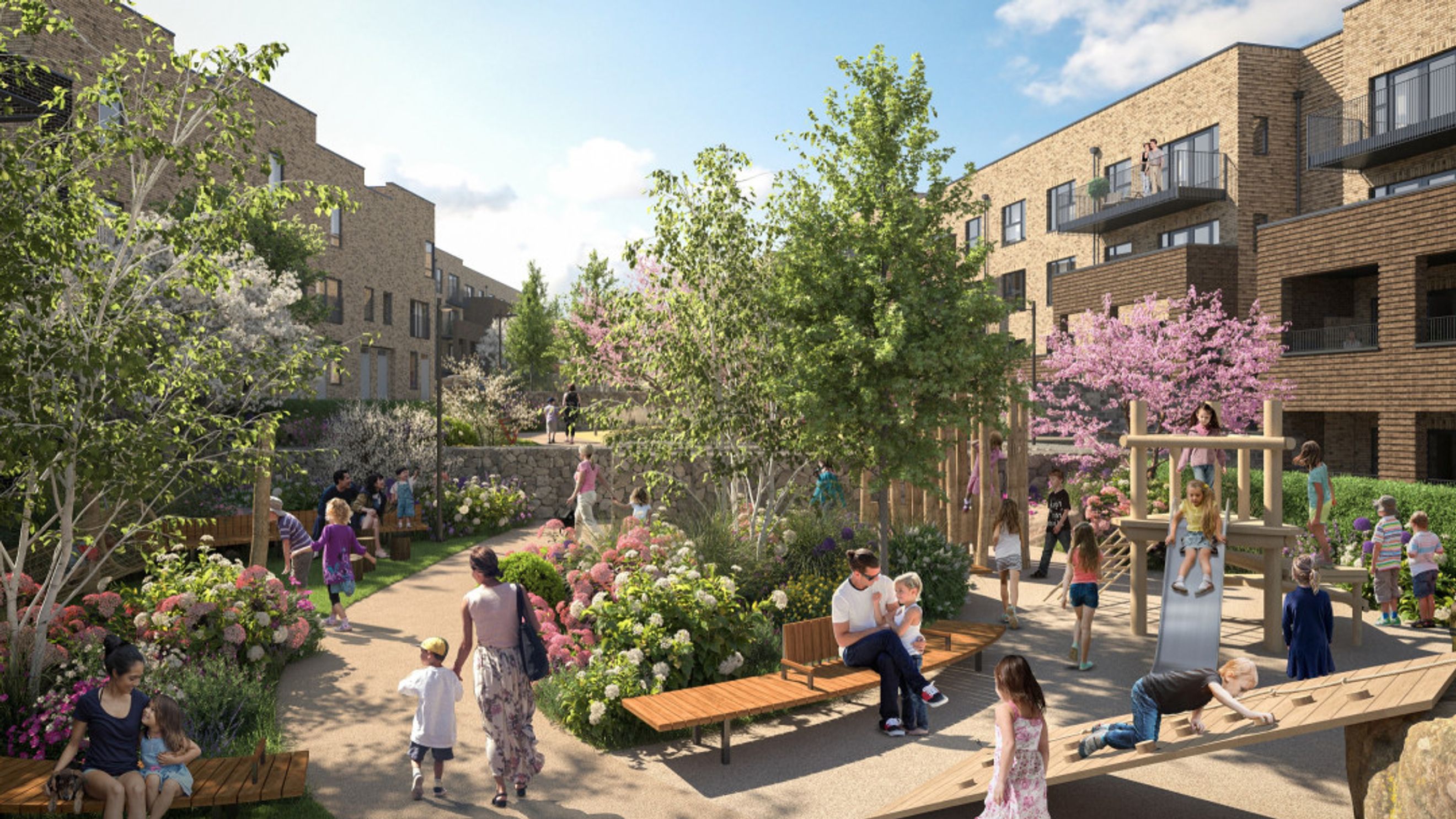 A courtyard with apartment buildings, a playground, and people.