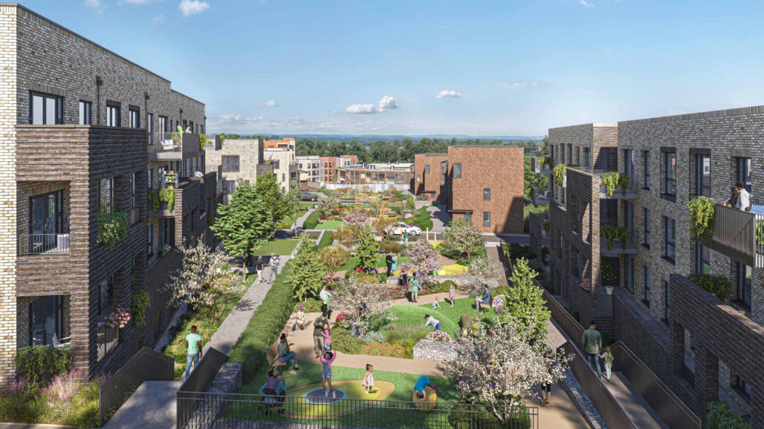A modern apartment complex with a central courtyard featuring people and play areas.