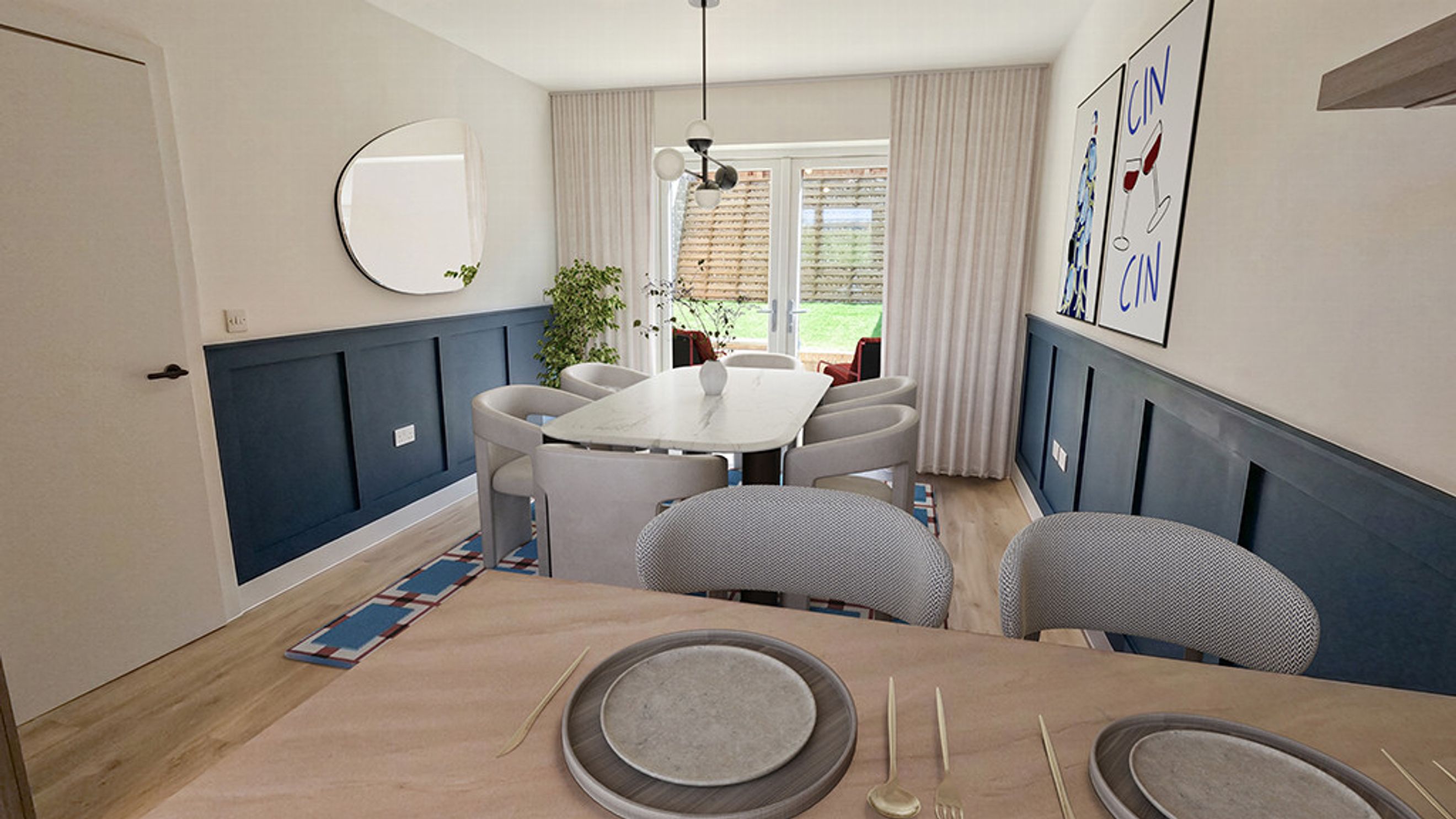 A dining room with a marble-top table, upholstered chairs, and blue wainscoting.