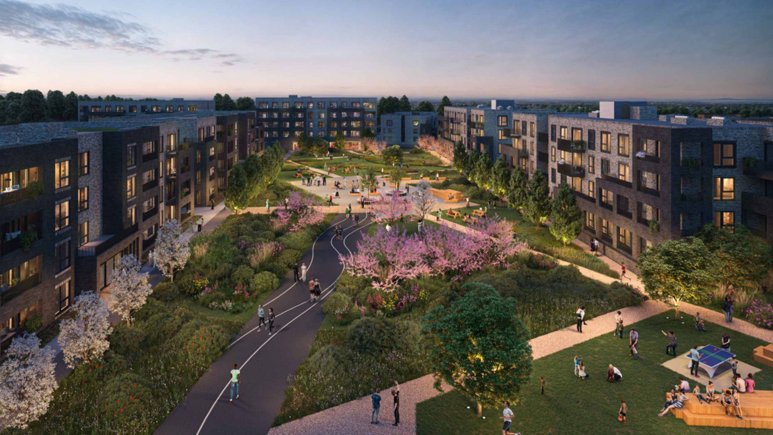 A modern apartment complex with a central courtyard featuring people, trees, and walking paths.