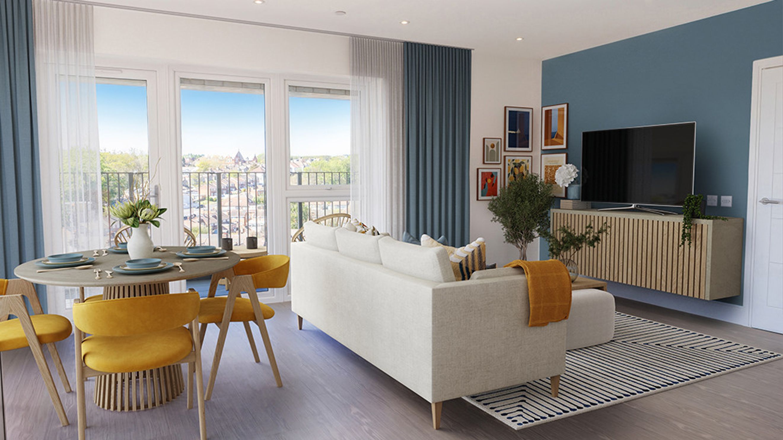 A living and dining area with a sofa, dining table, chairs, and a television.