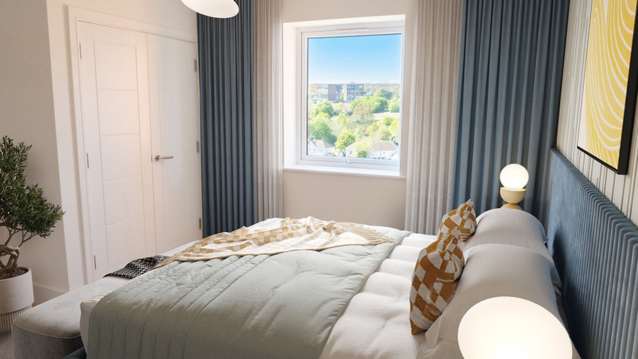 A bedroom with a bed, pillows, curtains, and a window.