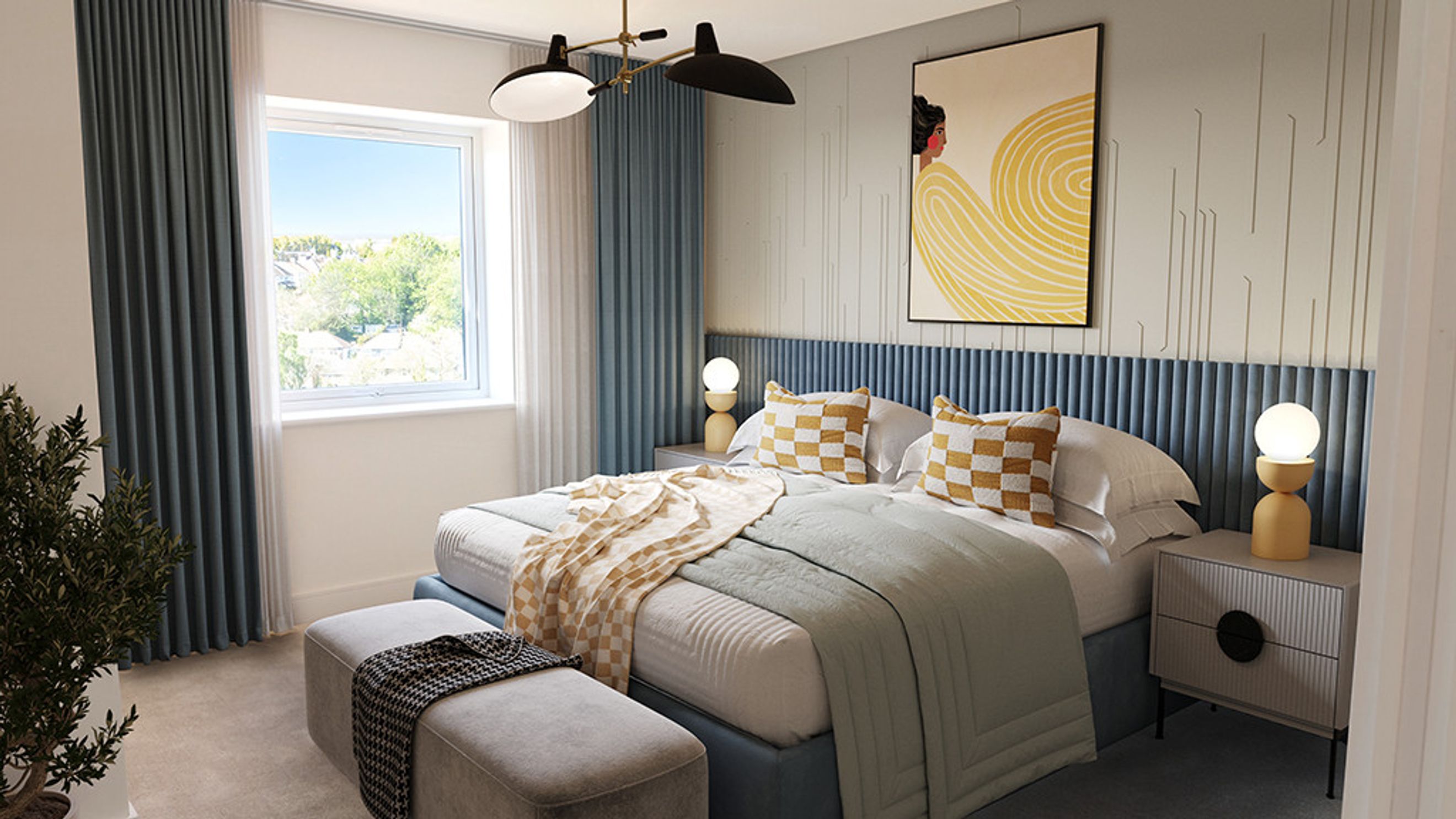 A bedroom with a bed, pillows, a blanket, curtains, a window, and a bedside table.
