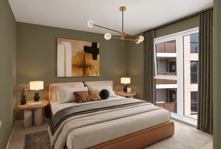 A bedroom with a bed, bedside tables, a painting, and a window.