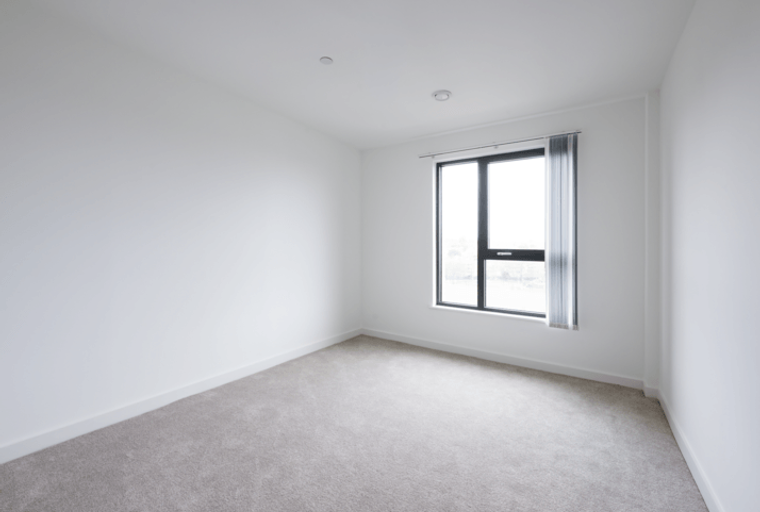 A room with white walls, a carpeted floor, and a large window.