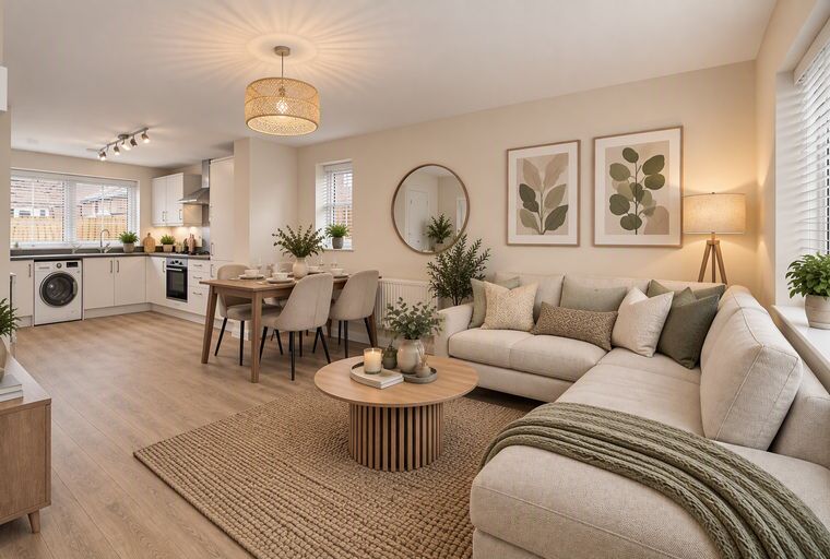 A living room and kitchen area with a sofa, dining table, and kitchen appliances.