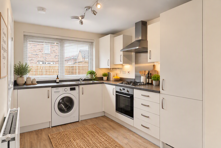 A modern kitchen with white cabinets, a washing machine, and a gas hob.