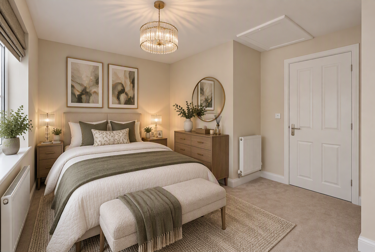 A bedroom with a bed, bedside tables, wall art, and a dresser.