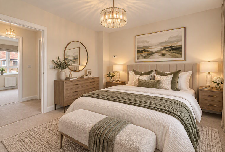 A bedroom with a bed, dresser, and bedside tables.