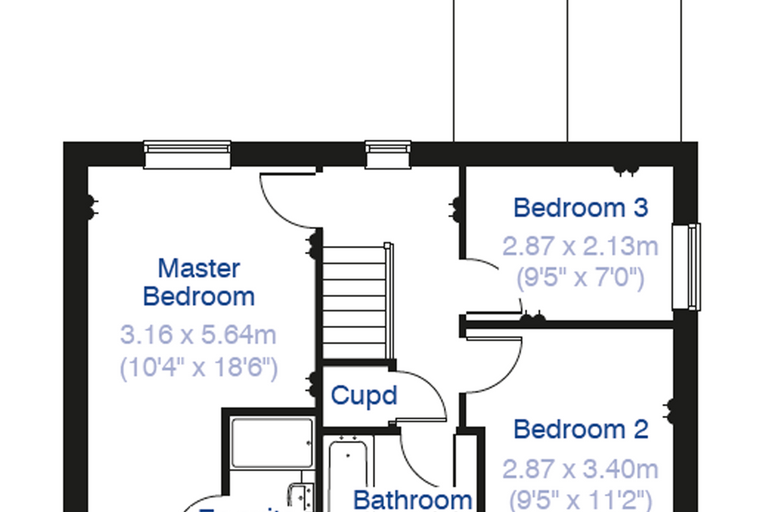 A floor plan showing three bedrooms, a master en-suite, a bathroom, and a cupboard.