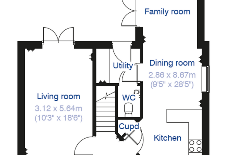 A floor plan showing a living room, family room, dining room, kitchen, utility room, and WC.