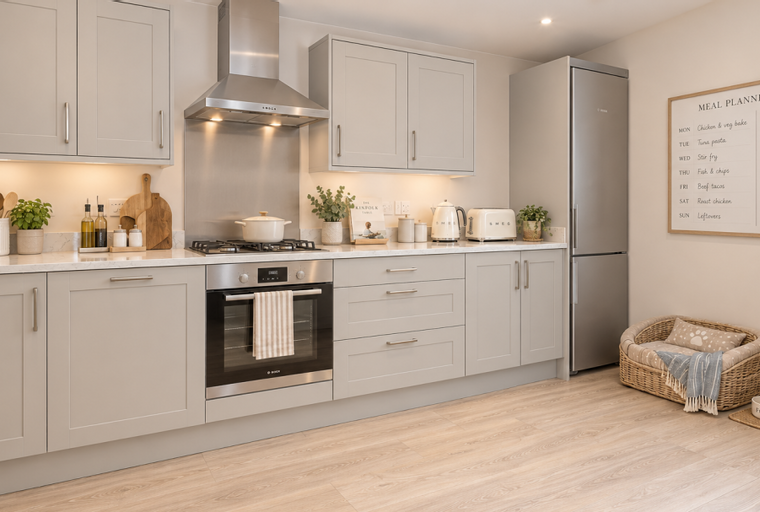 A modern kitchen with light gray cabinets, a stainless steel refrigerator, and a meal planner on the wall.
