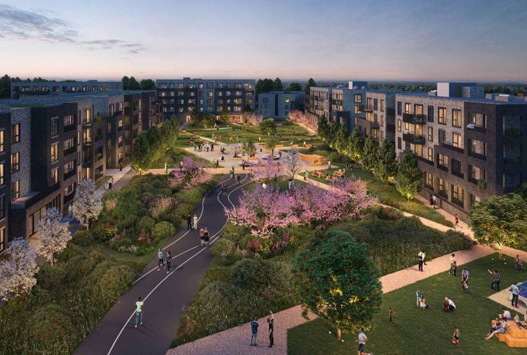 A modern apartment complex with a central courtyard featuring people, trees, and walking paths.