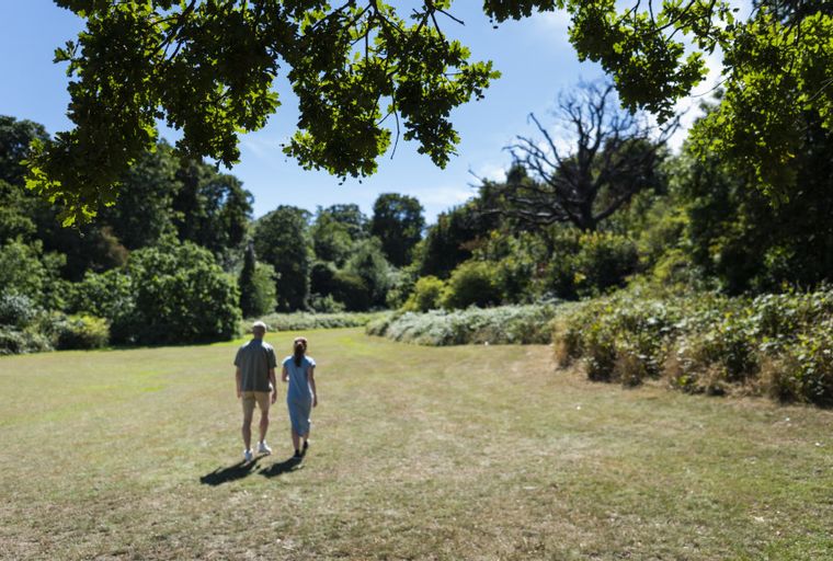 A couple walking across a grassy field with trees in the background.