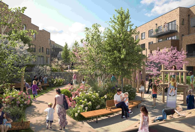 A playground and garden area with people and modern apartment buildings.