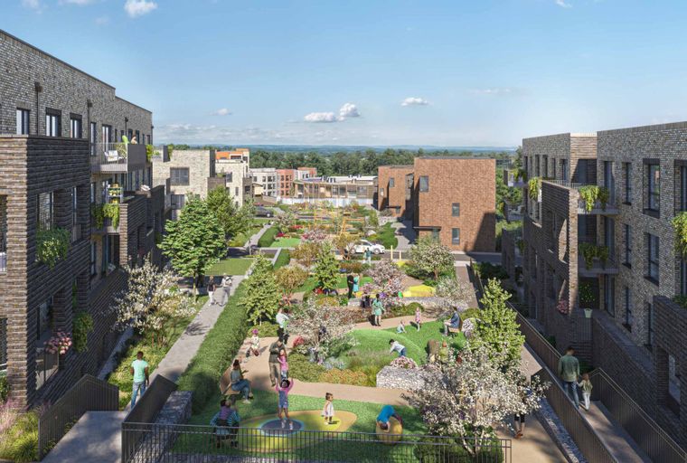A modern apartment complex with a central courtyard featuring people and play areas.