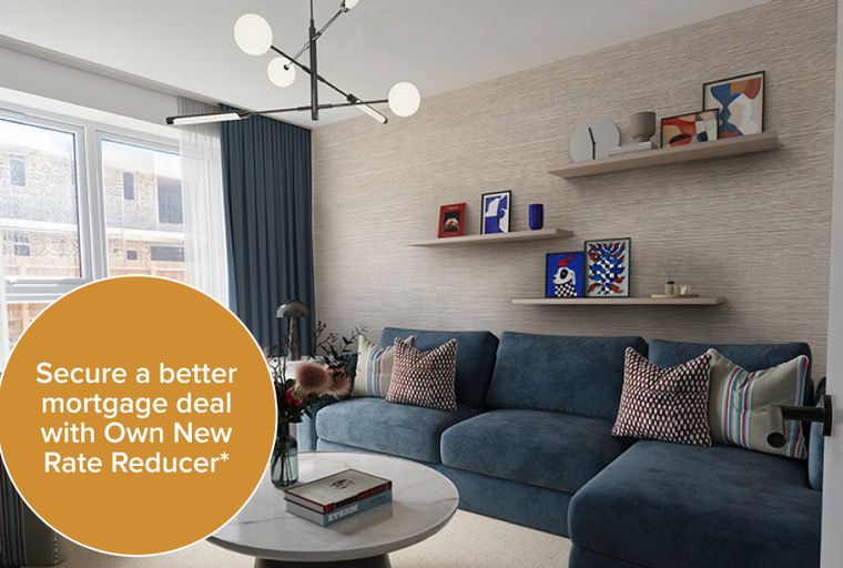 A living room with a blue sofa, coffee table, and decorative shelves.