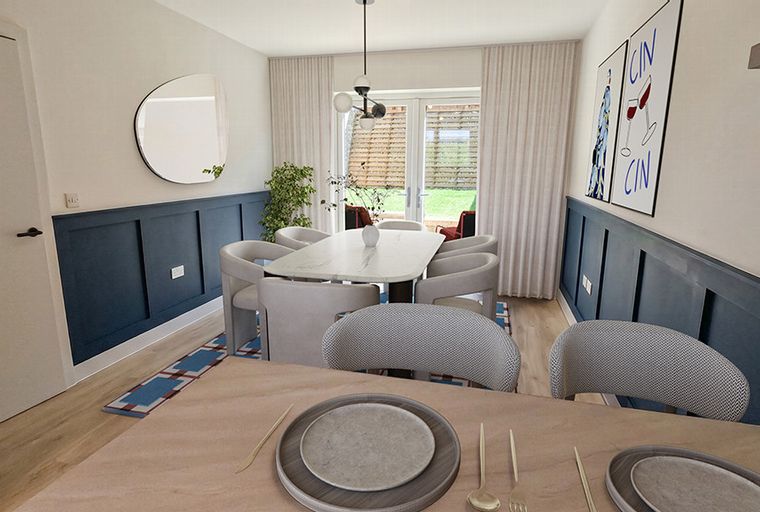 A dining room with a marble-top table, upholstered chairs, and blue wainscoting.