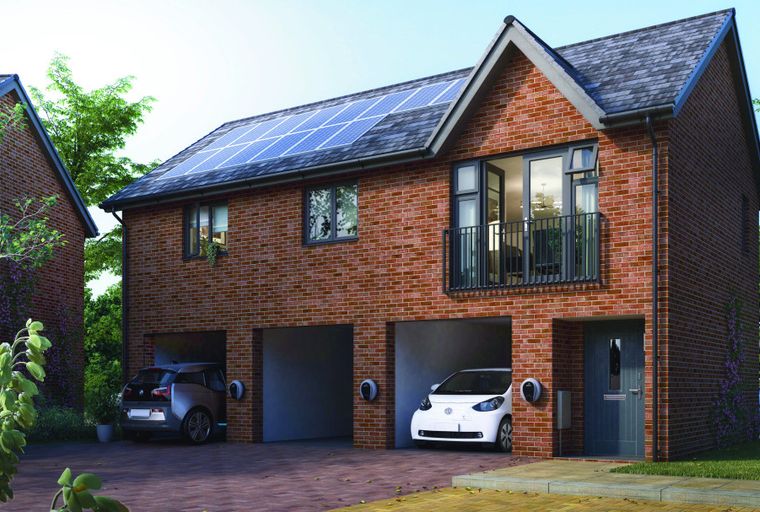 A brick house with solar panels, a garage, and electric cars charging.