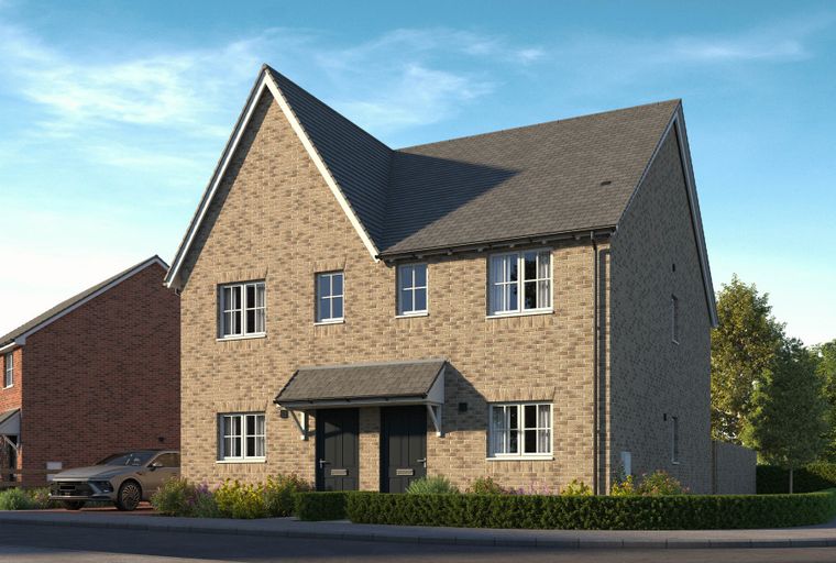 A modern semi-detached house with brick exterior and multiple windows.