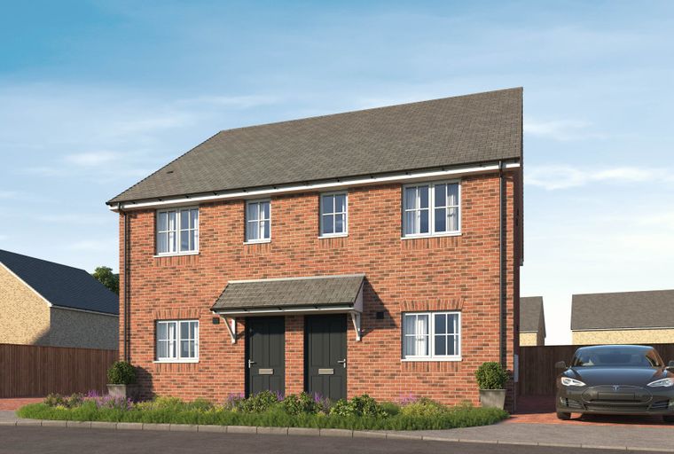 A red brick semi-detached house with two front doors, white-framed windows, and a grey roof, parked in front of a driveway with a black car.