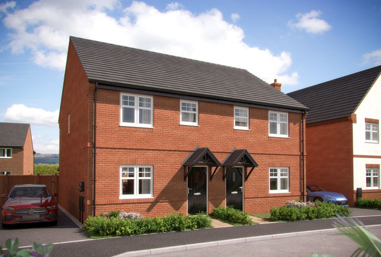 A row of red brick semi-detached houses with dark roofs and white windows under a blue sky with clouds.
