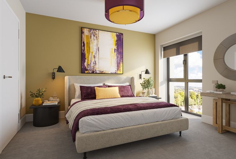 A bedroom with a bed, nightstand, and a large window.