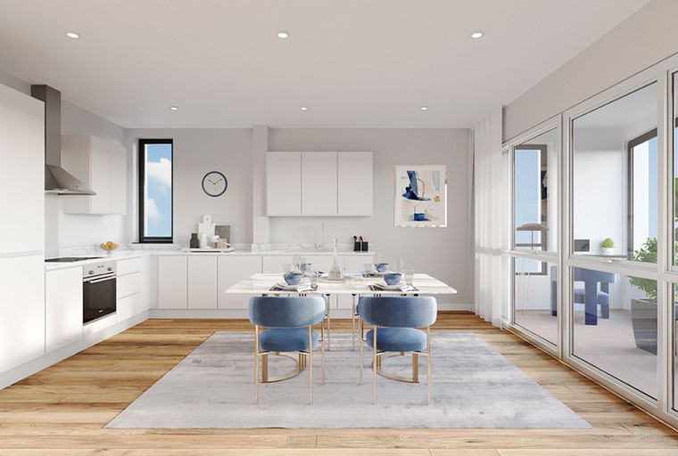 A modern kitchen and dining area with white cabinets, a marble table, and blue chairs.
