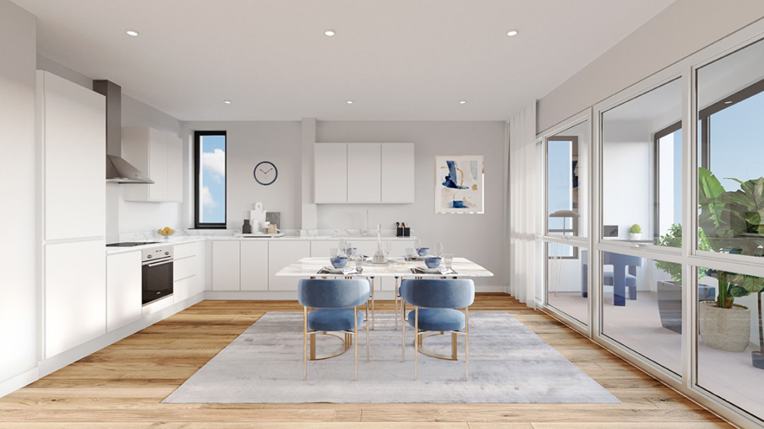 A modern kitchen and dining area with white cabinets, a marble table, and blue chairs.