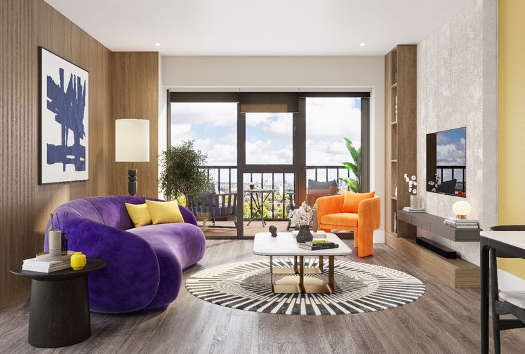 A living room with a purple sofa, an orange armchair, and a coffee table.