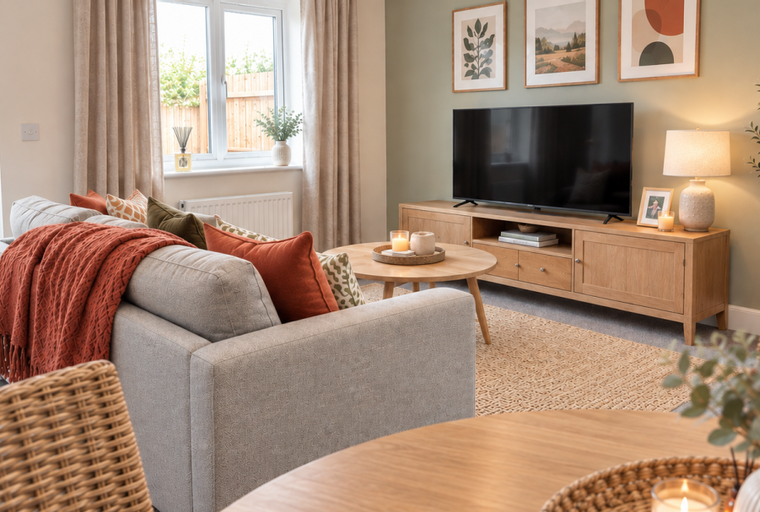 A living room with a sofa, coffee table, and television.
