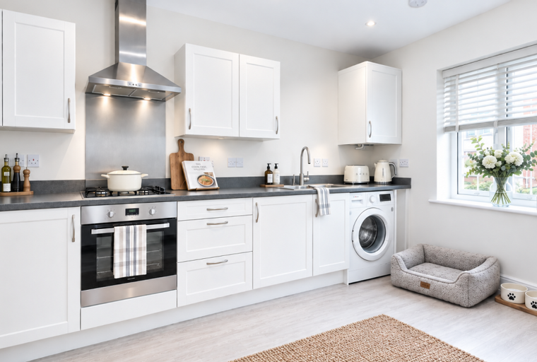 A modern kitchen with white cabinets, a gas stove, and a washing machine.