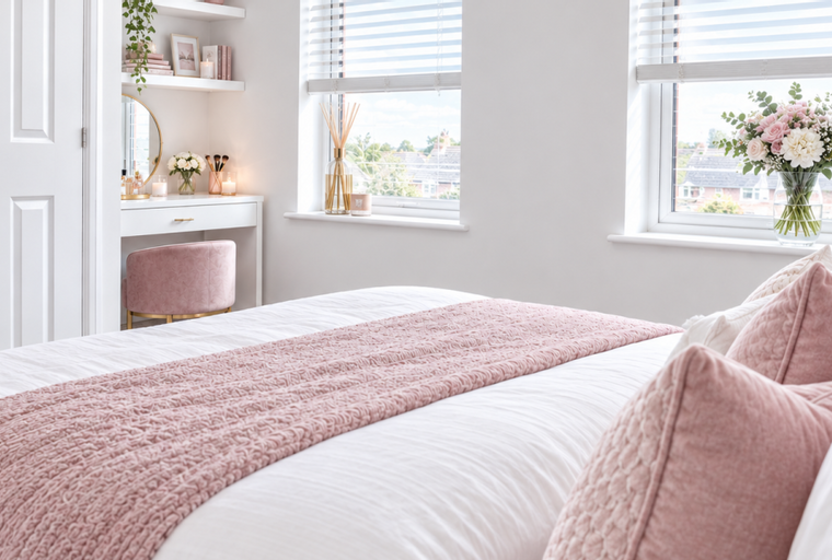 A bedroom with a bed, a vanity, and windows.