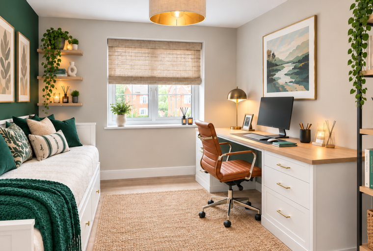 A home office with a daybed, desk, and chair.
