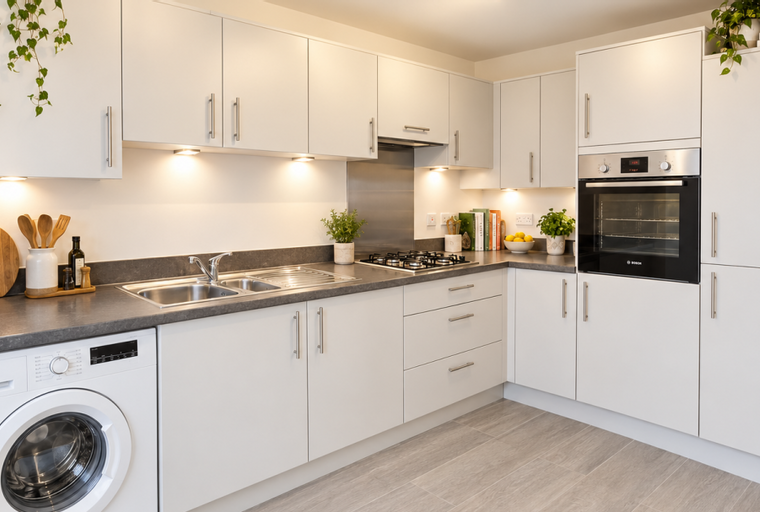 A modern kitchen with light-colored cabinets, a dark countertop, a sink, a stovetop, and a washing machine.